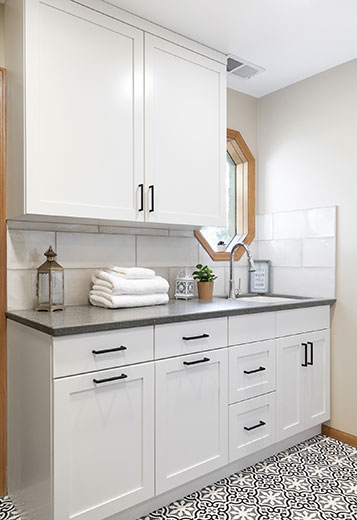 Laundry Room Sink with Cabinets and Windows