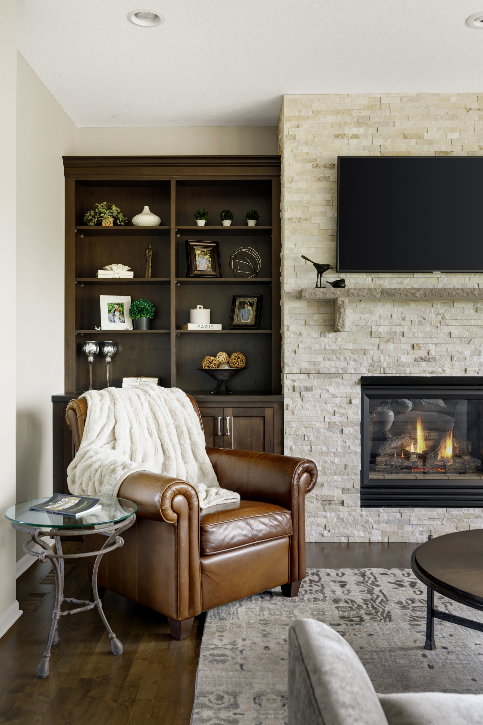 Remodeled fireplace that matches renovated kitchen