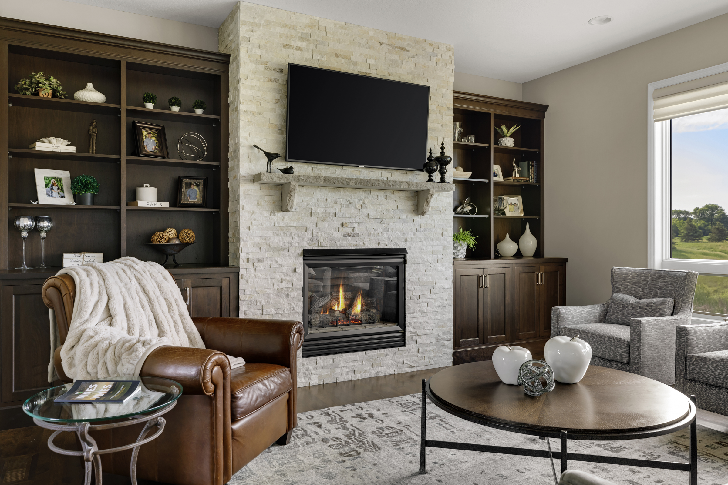 Fireplace remodel with built in bookshelves