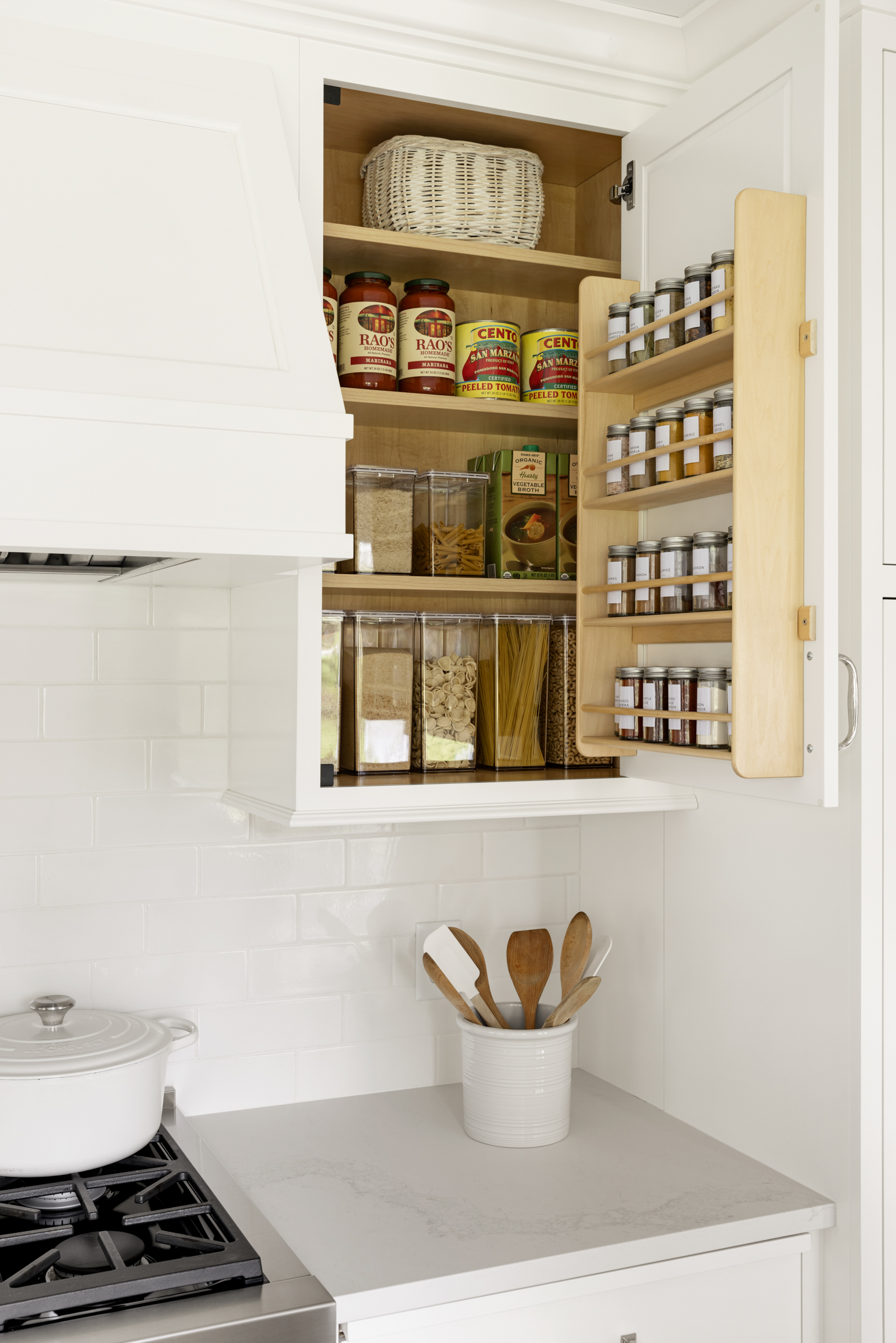 Cabinet with spice and pantry organization in kitchen remodel white white cabinets