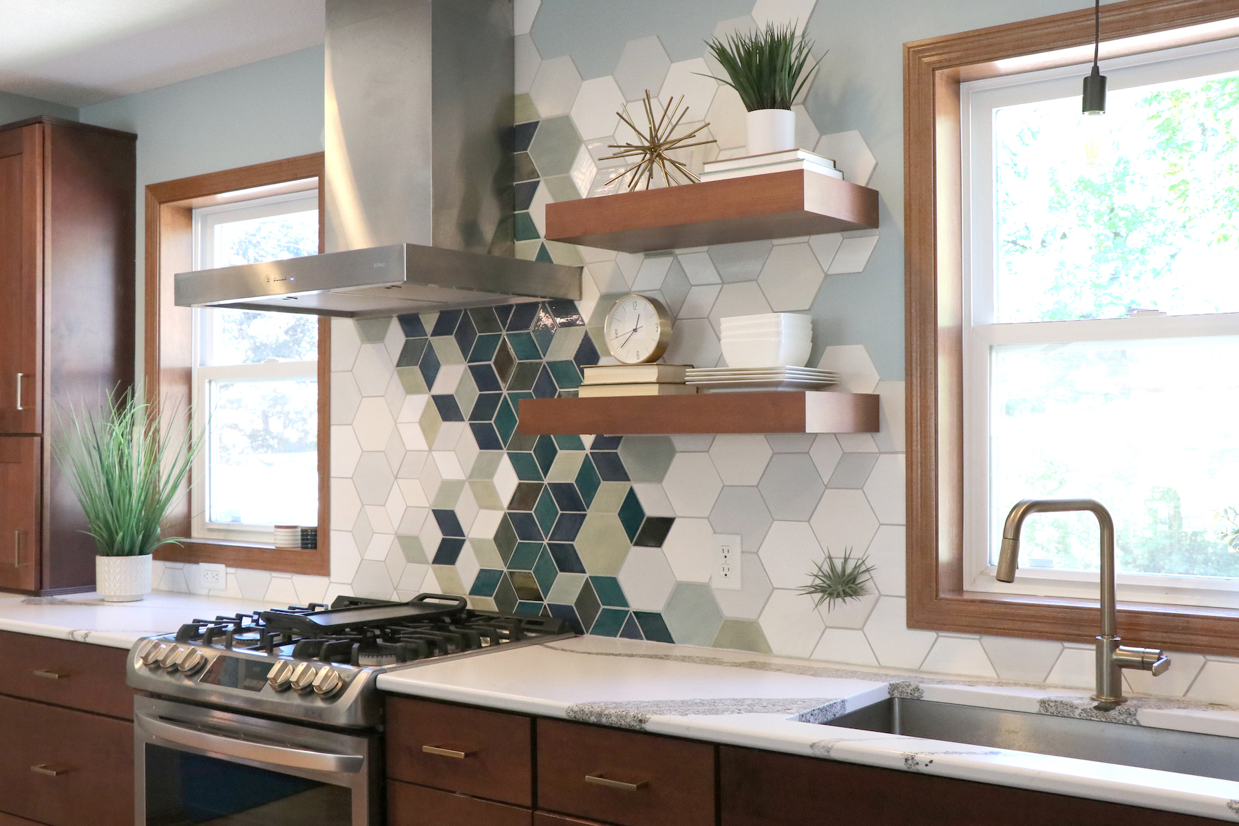 Kitchen remodel with new modern tile backsplash and floating shelves