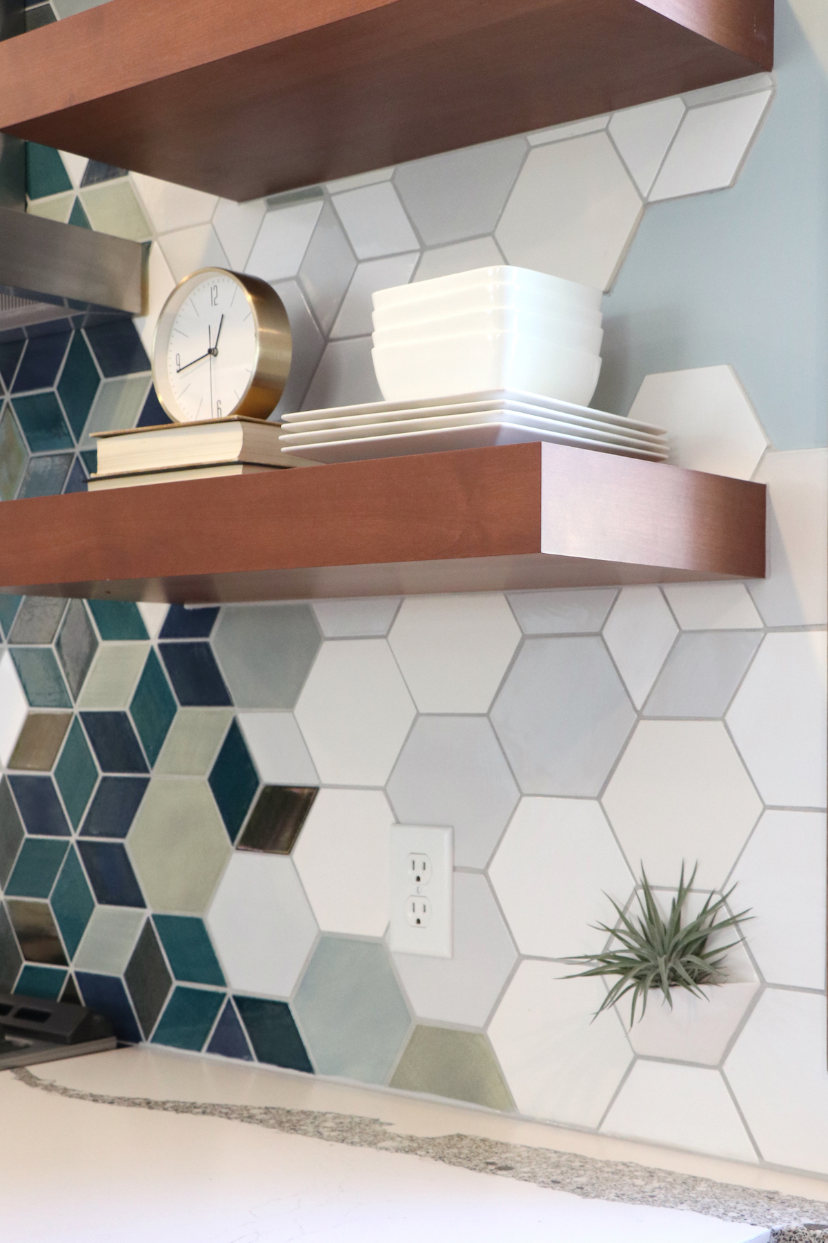 Kitchen remodel with new modern tile backsplash and floating shelves