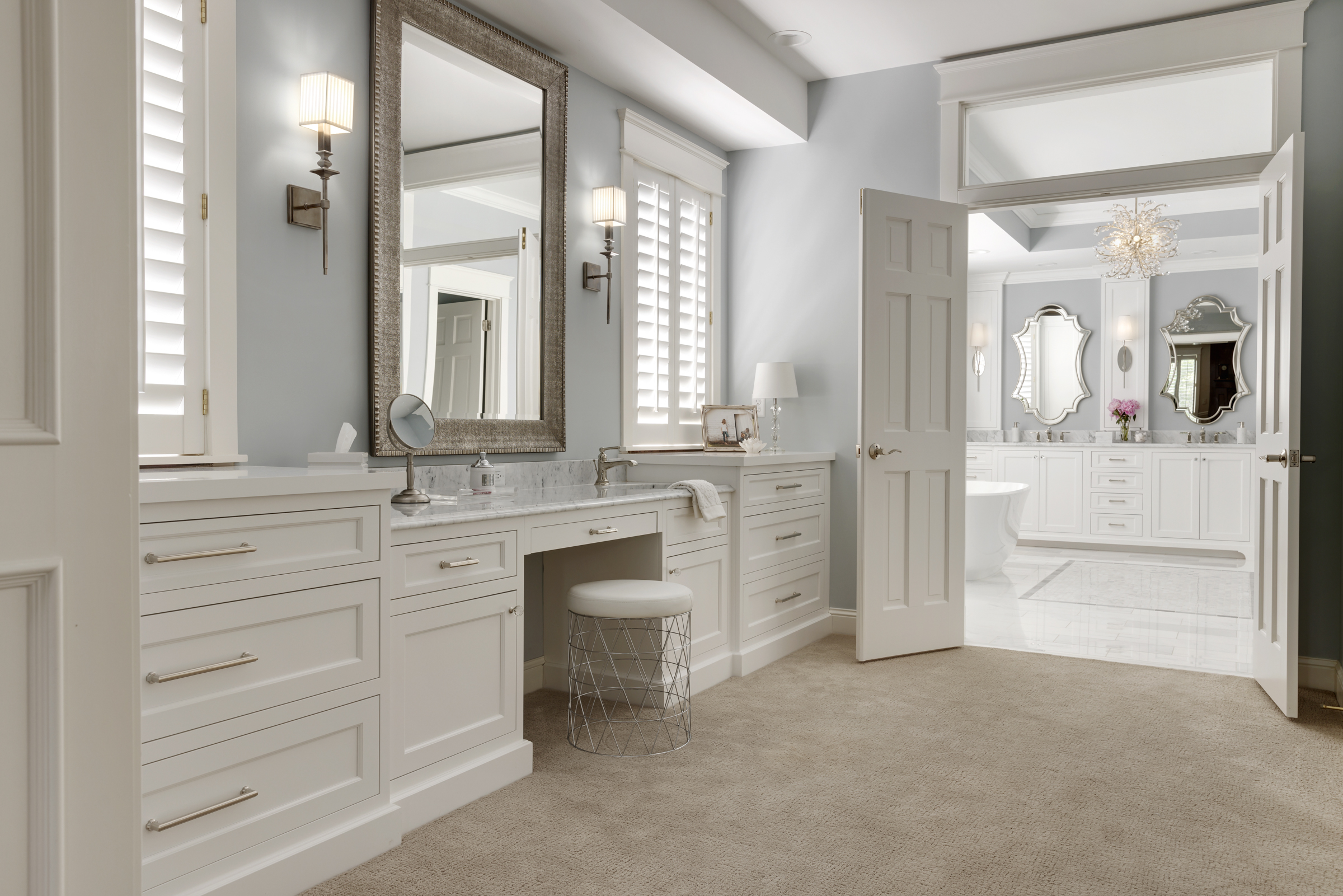 Stately primary bathroom dressing room after remodel