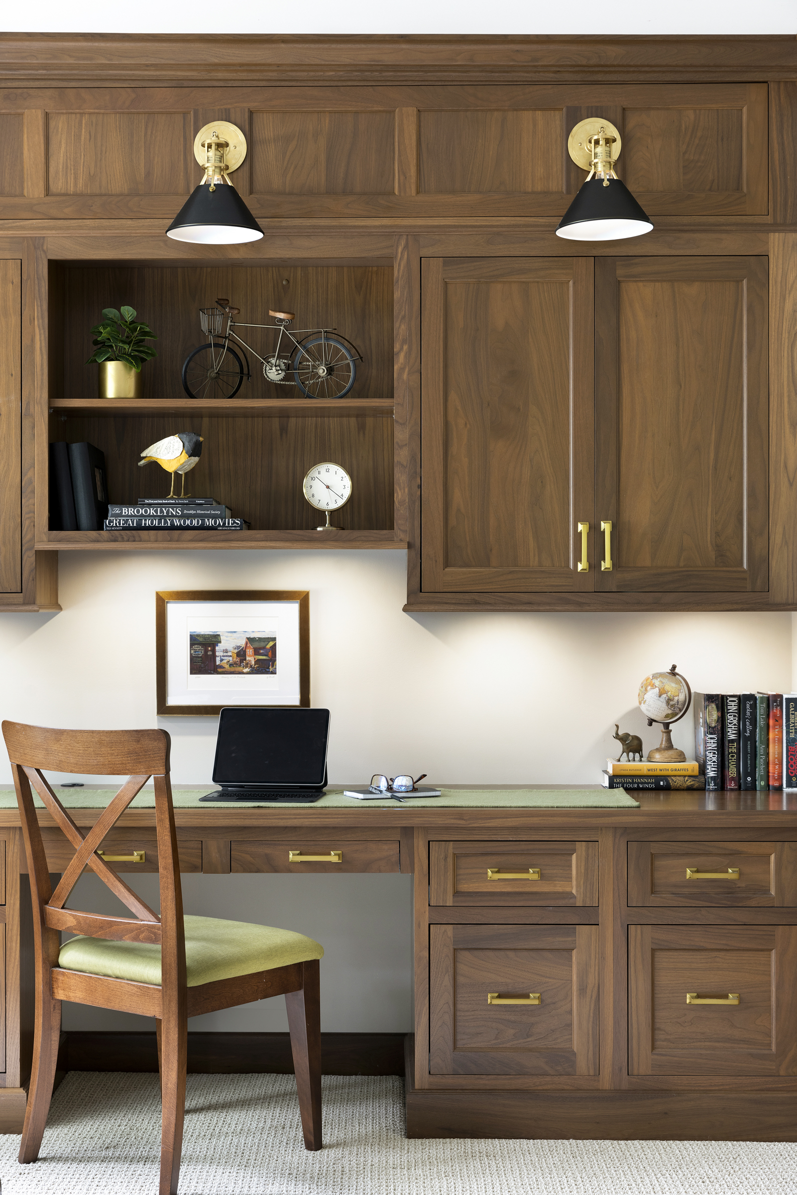 Fall 2024 Remodelers Showcase home - home office with medium toned built in cabinets and desk