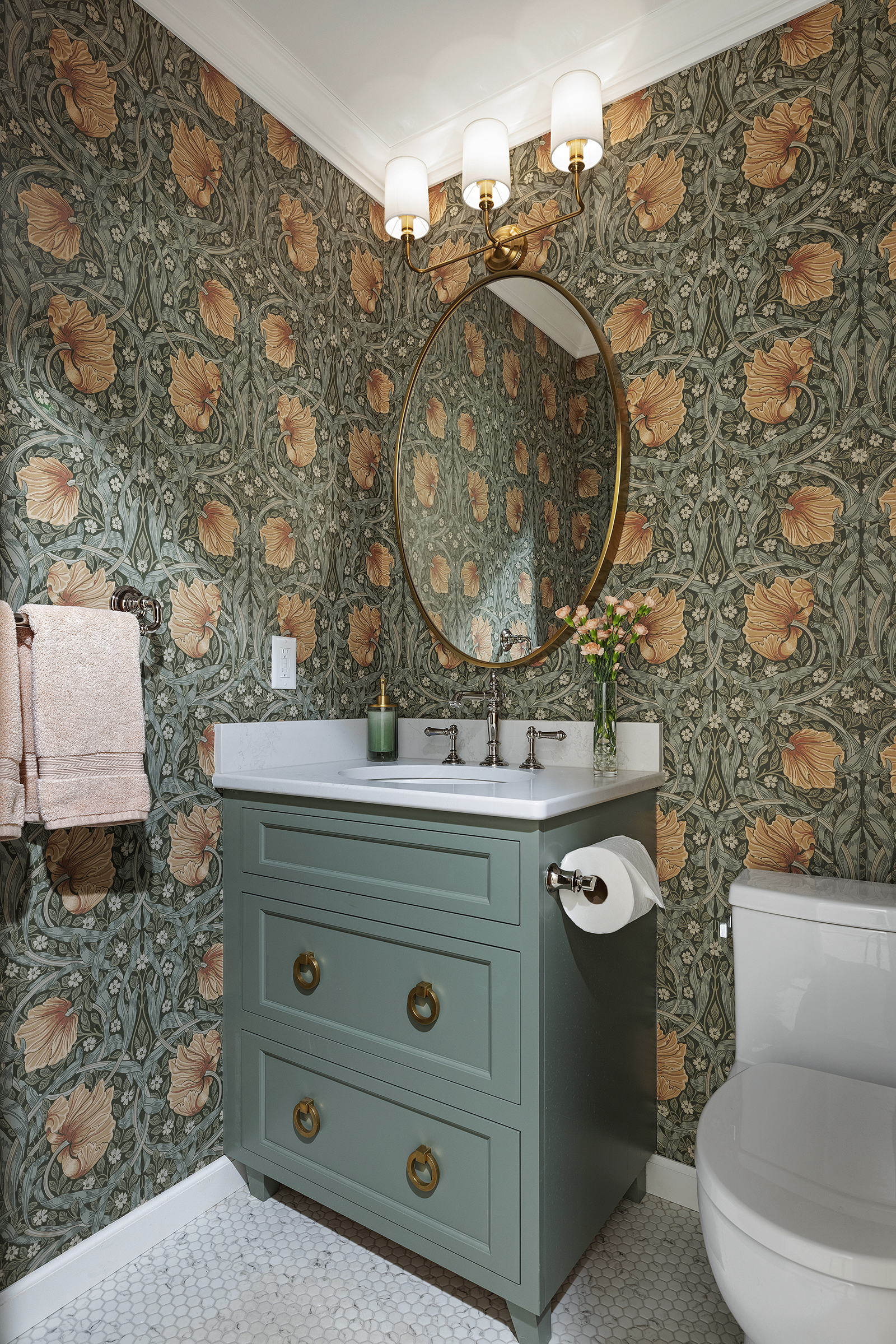 Fall 2024 Remodelers Showcase home - Powder bath remodel with blue vanity and wall paper